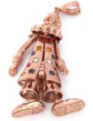 Large 9ct rose gold multi-gem stone set articulated clown pendant, 8cm long including bale, g/w 30.