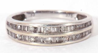 Modern diamond set half hoop ring, a design featuring two bands of channel set small round and