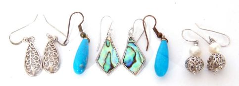 Mixed Lot: pair of modern abalone shell earrings in white metal mounts, stamped 925, a pair of