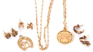 Mixed Lot: Giampaoli 9ct gold Zodiac pendant suspended from a 375 stamped box link chain, a 9ct gold