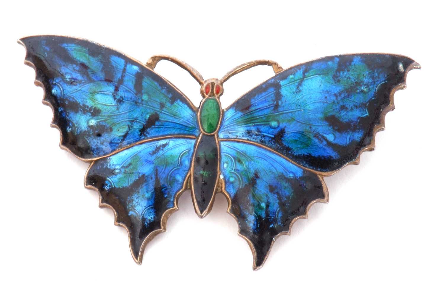 Early 20th century silver and enamel butterfly brooch, the outstretched wings decorated with blue, - Image 3 of 3