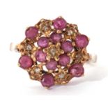 9ct gold ruby and diamond cluster ring, a three tier design set throughout with small rubies and