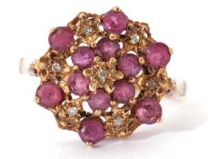 9ct gold ruby and diamond cluster ring, a three tier design set throughout with small rubies and