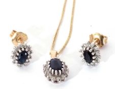Modern 9ct gold, sapphire and diamond pendant on a 9k marked trace chain, together with a pair of