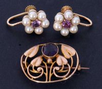 Mixed Lot: Art Nouveau style amethyst open work brooch, the oval faceted amethyst in millegrain