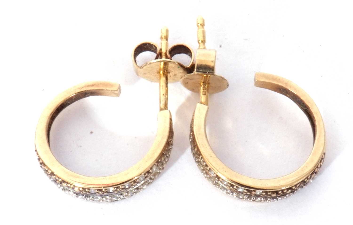 Pair of yellow metal and small diamond set half hoop earrings, a design featuring two bands of small - Image 3 of 5