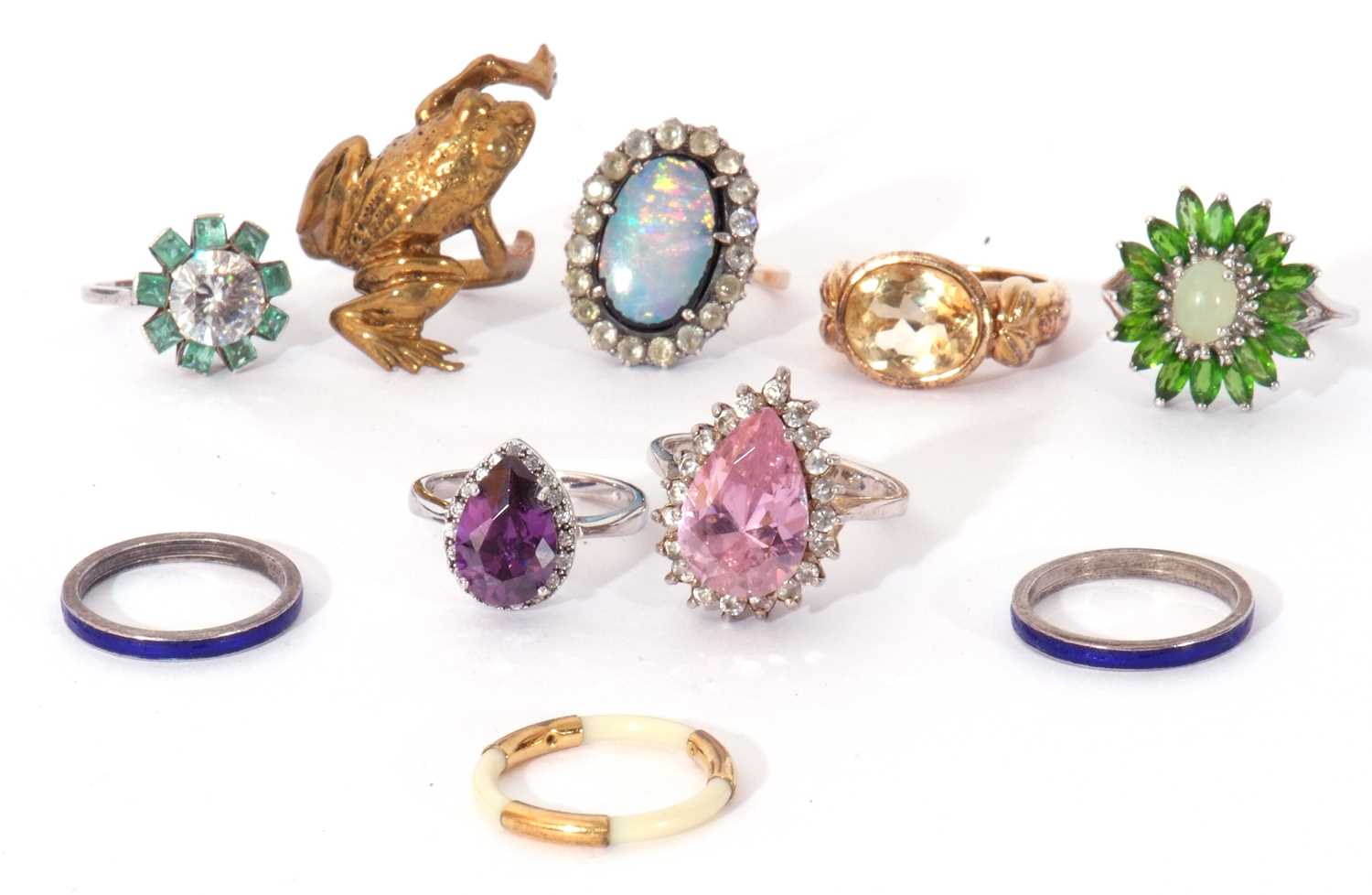 Mixed Lot: three 925 and stone set rings, a gilt metal frog ring, an opal doublet and paste ring, an - Image 2 of 3