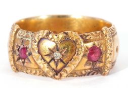 Antique 18ct gold ruby and diamond heart buckle ring centring a small old cut diamond set within