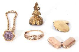 Mixed Lot: 9ct gold and small diamond set ring, a Victorian gilt metal and amethyst seal, a metal