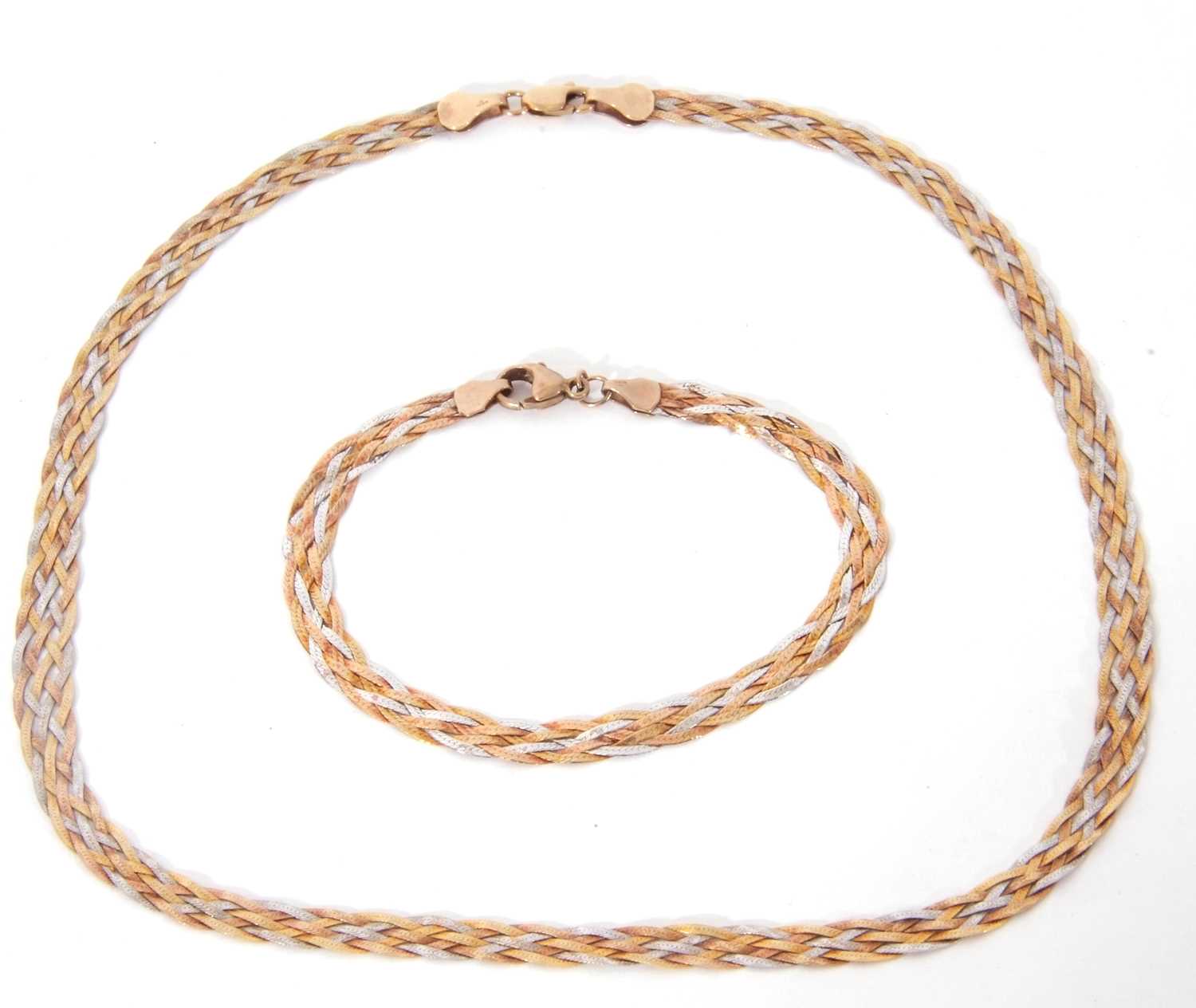 9K stamped tri-colour snake link necklace and matching bracelet, 9.8gms g/w (2)