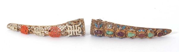 Mixed Lot: vintage Chinese gilt metal filigree fingernail guard brooch pin, enamel and stone