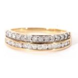 Modern 9ct gold half hoop white stone set ring featuring two bands of small white stones, channel