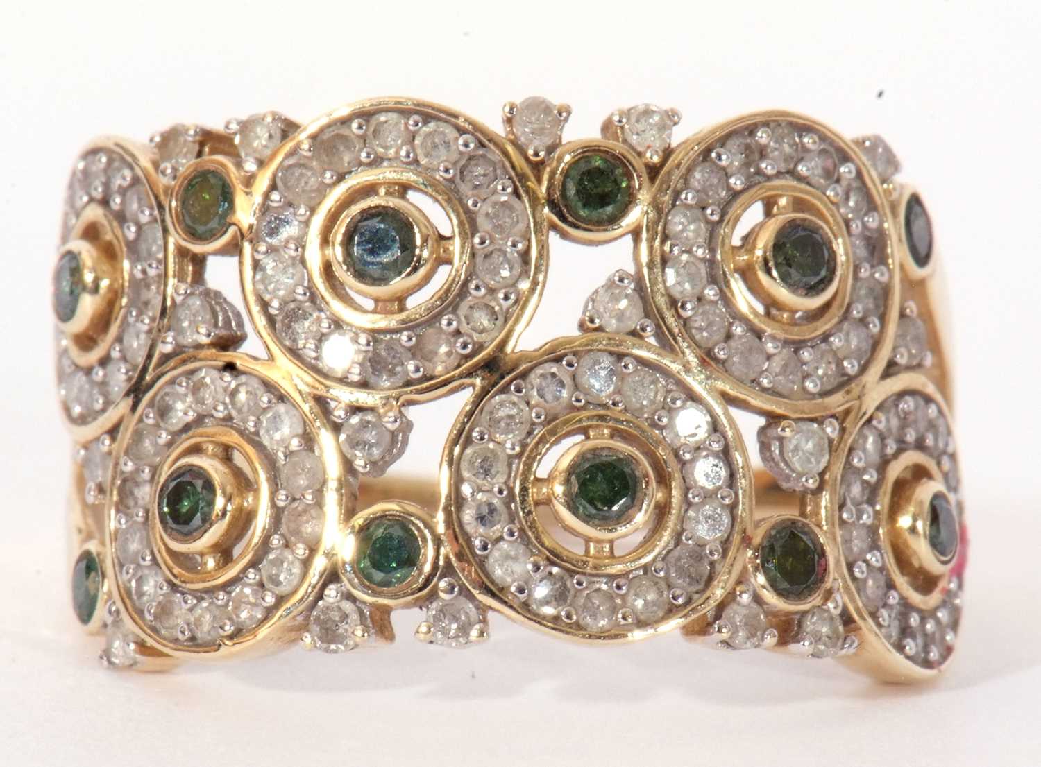 Modern 9ct gold, diamond and green stone set ring, a design featuring six small diamond set discs