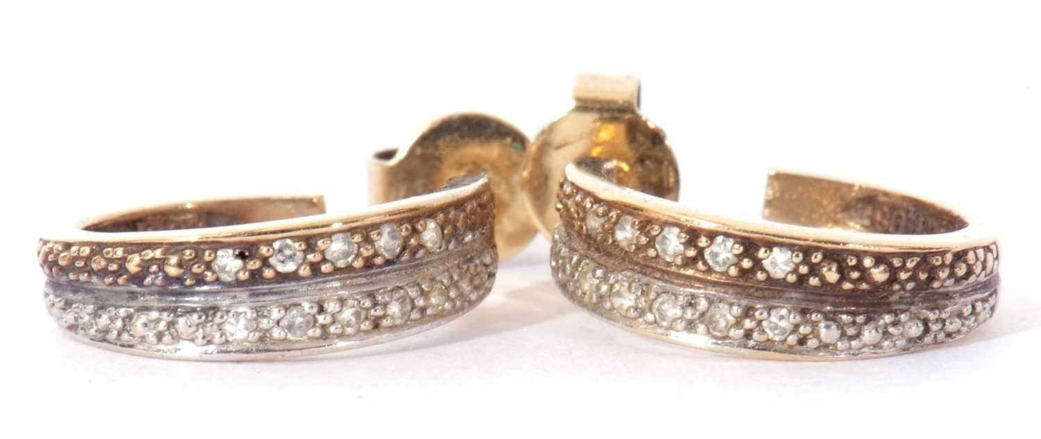 Pair of yellow metal and small diamond set half hoop earrings, a design featuring two bands of small - Image 2 of 5