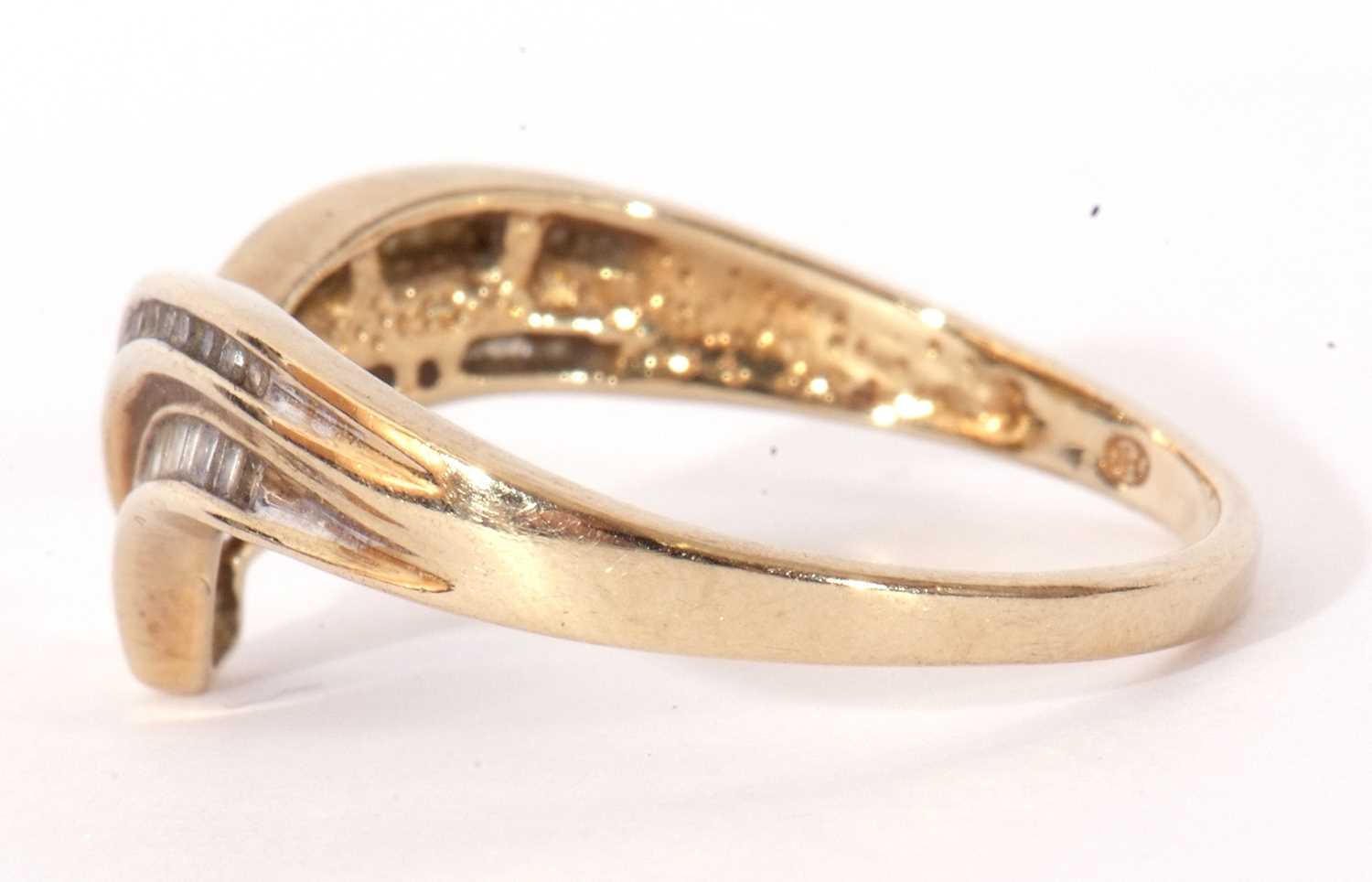 Modern 9ct gold and diamond wishbone design ring, set with small single cut and baguette diamonds, - Image 2 of 9