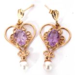 Pair of yellow metal, amethyst and seed pearl earrings, an open work design centring a small pale
