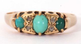 Antique 18ct gold, turquoise and diamond ring featuring three oval graduated turquoises, highlighted