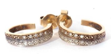 Pair of yellow metal and small diamond set half hoop earrings, a design featuring two bands of small