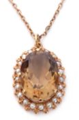 9ct gold citrine and pearl pendant, the large lemon faceted citrine 20 x 14mm, multi-claw set and