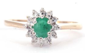 Modern emerald and diamond cluster ring, stamped 375, size O/P