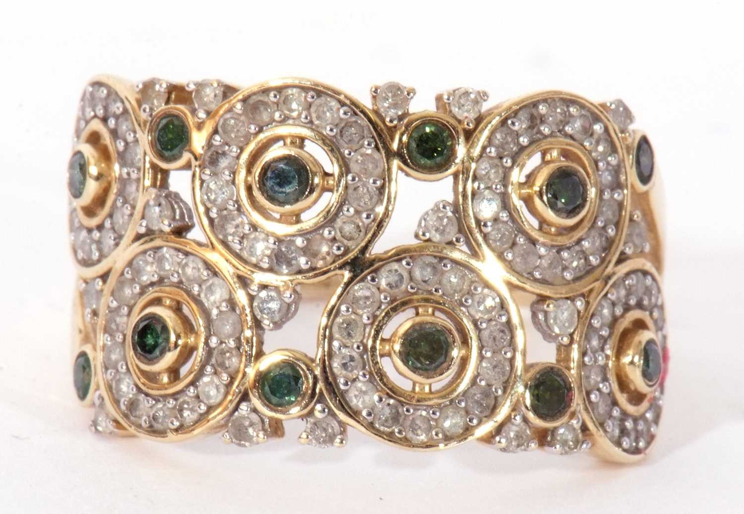 Modern 9ct gold, diamond and green stone set ring, a design featuring six small diamond set discs - Image 2 of 10