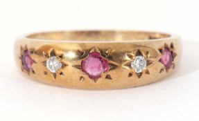 Vintage 9ct gold ruby and diamond set ring alternate set with three small round cut rubies and two