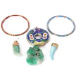 Mixed Lot: large cloisonne disc pendant, 55mm diam, two cloisonne bangles, two tusk shaped glass