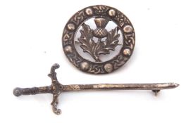 Mixed Lot: Scottish silver sword brooch, hallmarked Edinburgh 1964, 7cm long, together with a silver