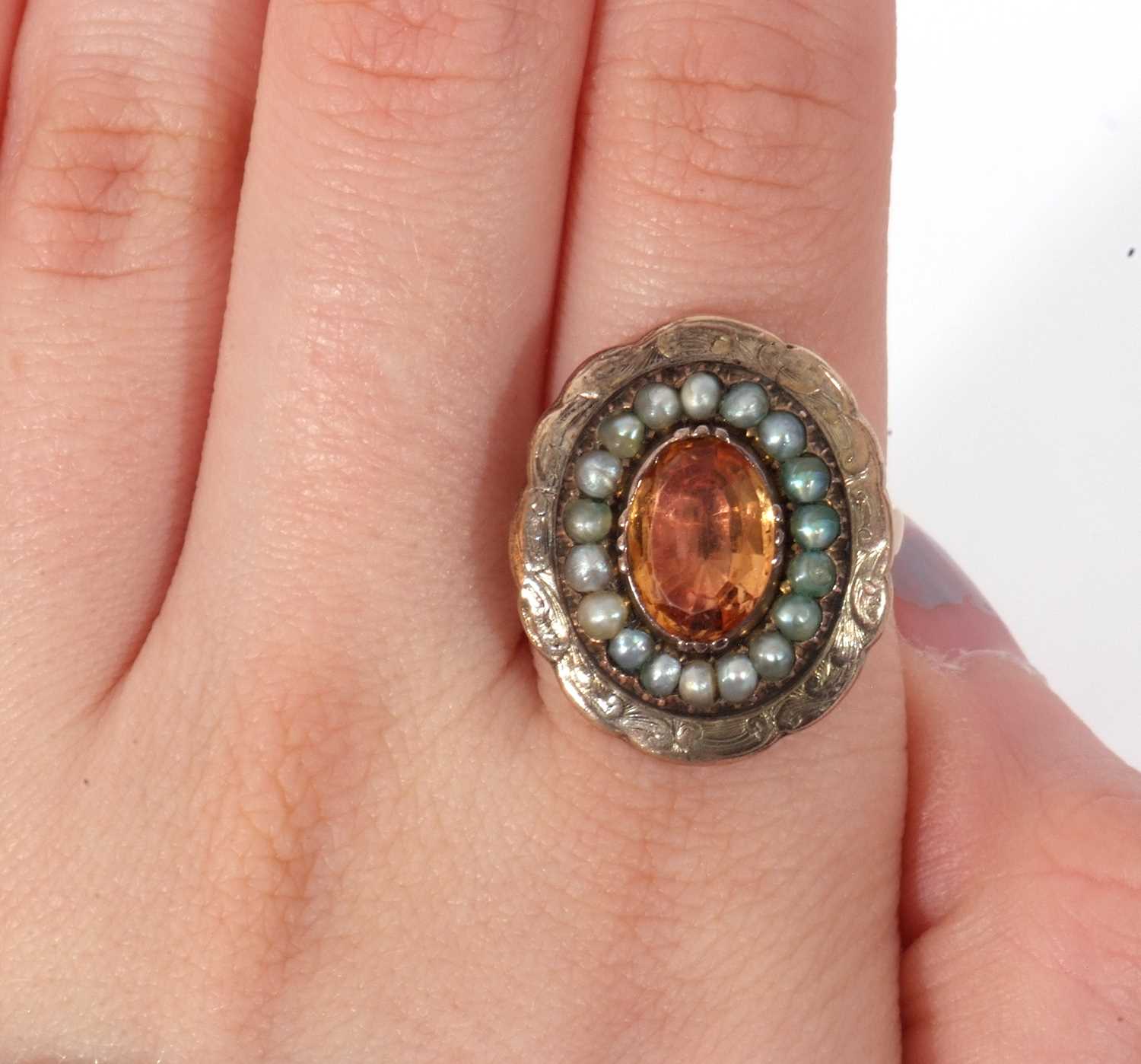 Antique citrine and seed pearl ring, the oval faceted citrine within a small seed pearl surround - Image 8 of 8