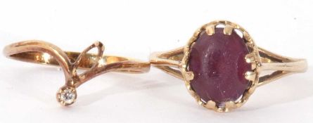 Mixed Lot: 9ct gold and pink stone ring together with a 14K stamped small diamond set ring (main