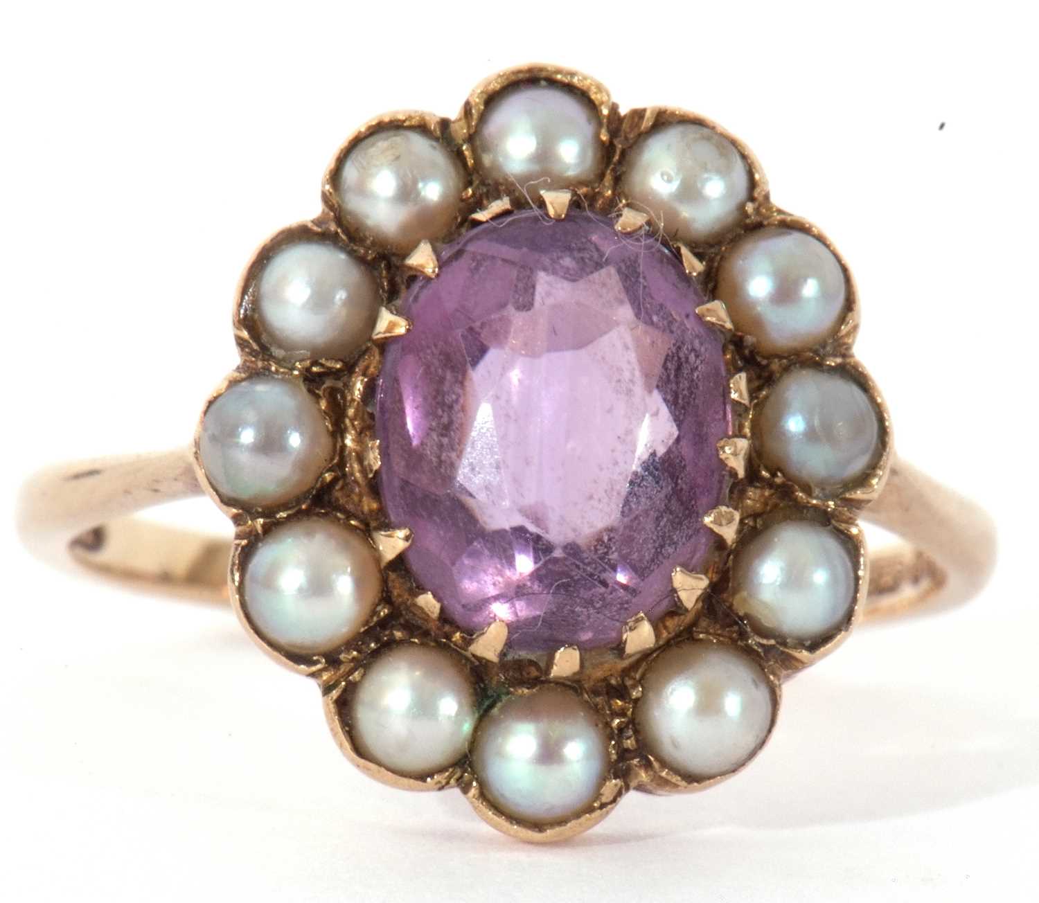 Vintage amethyst and seed pearl cluster ring, the oval faceted amethyst 10 x 6mm, multi-claw set - Image 2 of 8