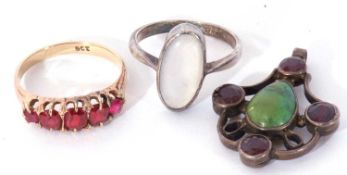 Mixed Lot: white metal and moonstone ring, a 9ct stamped and six stone garnet ring in a vintage