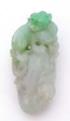 Chinese green jade carved pendant, a monkey sitting upon a gourd with a small rat below, 45mm long