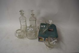 MIXED LOT OF DECANTERS, GLASS WARE ETC