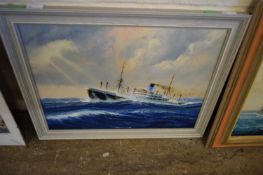 KENNETH GRANT, STUDY OF A SHIP IN ROUGH SEAS, OIL ON BOARD, SET IN A GREY FINISH FRAME