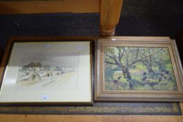 MIXED LOT, FRAMED STUDY OF A HARVEST SCENE, TOGETHER WITH CONTEMPORARY OIL ON BOARD STUDY, SUMMER