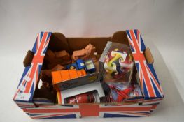 MIXED LOT VARIOUS TOY VEHICLES, TERRACOTTA POT STANDS ETC
