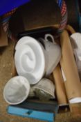 ONE BOX VARIOUS HOUSEHOLD SUNDRIES TO INCLUDE A SHELLEY JELLY MOULD, BED SLIPPER PAN, HORS D'OEUVRES