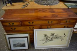 REPRODUCTION YEW WOOD VENEERED NINE DRAWER SIDEBOARD ON BRACKET FEET, 152CM WIDE