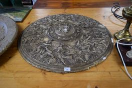 LARGE FIBREGLASS AND PLASTER MOUNTED CIRCULAR WALL PLAQUE DECORATED WITH CLASSICAL FIGURES, 82CM