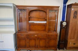 YEW WOOD VENEERED LOUNGE DISPLAY CABINET WITH DRAWER AND CUPBOARD BASE, 165CM WIDE