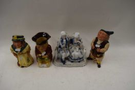 THREE CHARACTER JUGS AND CONTINENTAL FIGURE GROUP