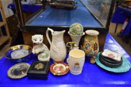 MIXED LOT OF CERAMICS, GILT DECORATED GLASS BOWL, MODEL CAT, DRINKS COASTERS ETC