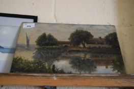 H ROLL, RIVERSIDE SCENE WITH WHERRY, OIL ON BOARD