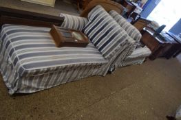 PAIR OF MODERN BLUE STRIPED UPHOLSTERED CHAISE LONGUE TYPE CHAIRS, (FADED CONDITION)