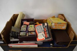 BOX CONTAINING MIXED ITEMS TO INCLUDE MATCHBOXES, FILM SPLICER, ETC