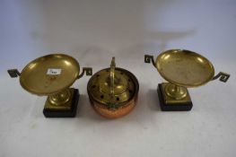 PAIR OF SHALLOW BRASS DOUBLE HANDLED TAZZAS ON MARBLE BASES, TOGETHER WITH A FURTHER BRASS AND