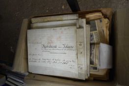 BOX OF VARIOUS 19TH CENTURY MORTGAGE LEASE AND OTHER DOCUMENTS, VARIOUS COMMEMORATIVE NEWSPAPERS