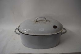 LARGE WHITE ENAMEL COVERED DOUBLE HANDLED PAN