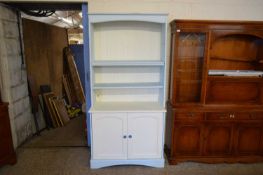 CREAM AND PALE BLUE PAINTED SIDE CABINET WITH BOOKSHELF TOP, 96CM WIDE